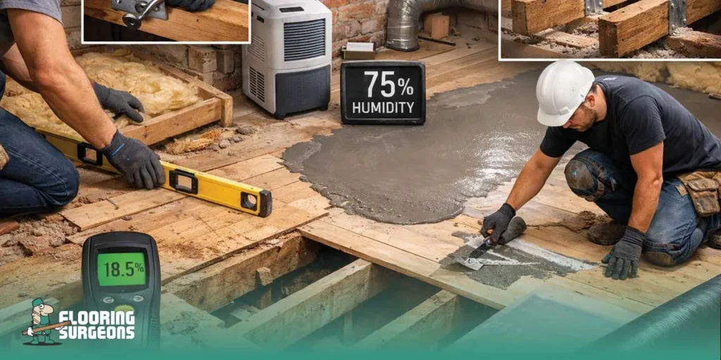 Flooring specialists preparing subfloor for installation