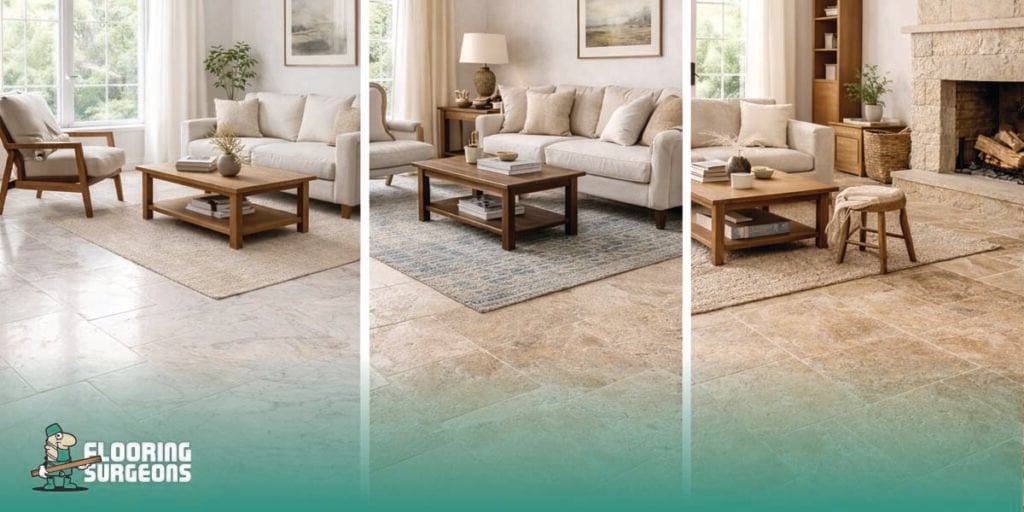 Three-panel comparison of natural stone flooring styled in modern, classic, and rustic home interiors.
