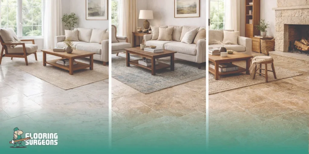 Three-panel comparison of natural stone flooring styled in modern, classic, and rustic home interiors.