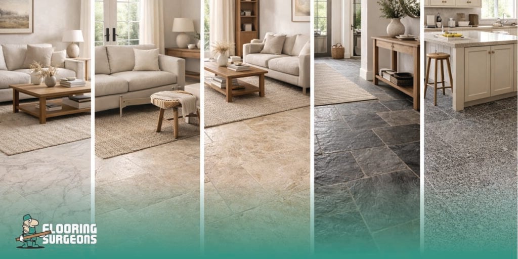 Five-panel comparison of marble, limestone, travertine, slate, and granite flooring in different home interiors.
