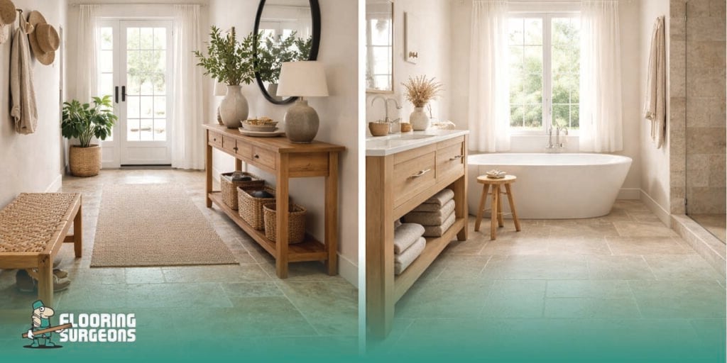 Split-screen comparison of natural stone flooring in a moisture-prone bathroom and a high-traffic hallway.