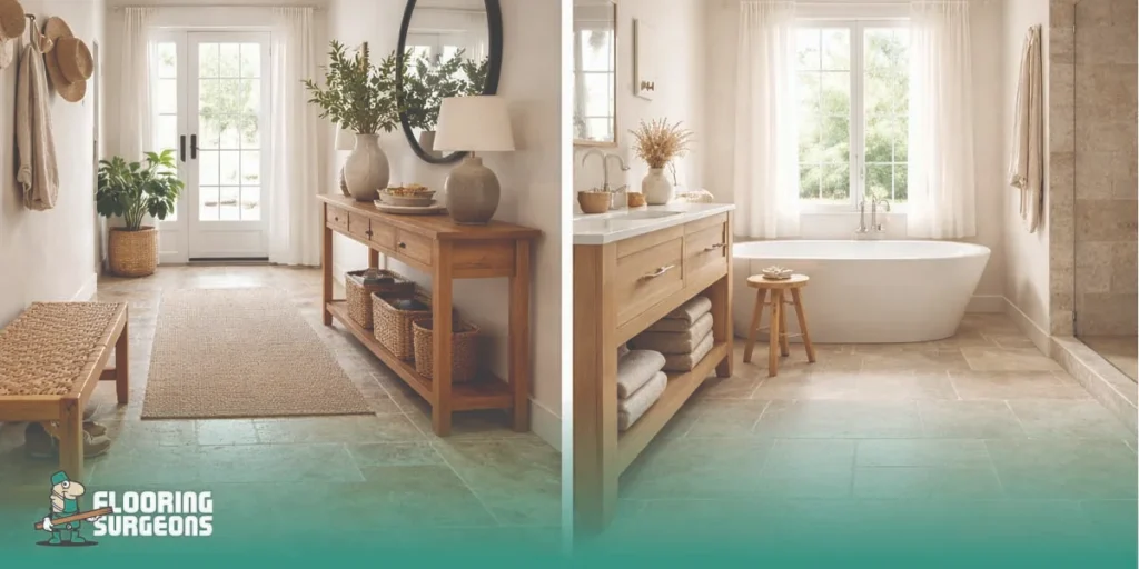 Split-screen comparison of natural stone flooring in a moisture-prone bathroom and a high-traffic hallway.