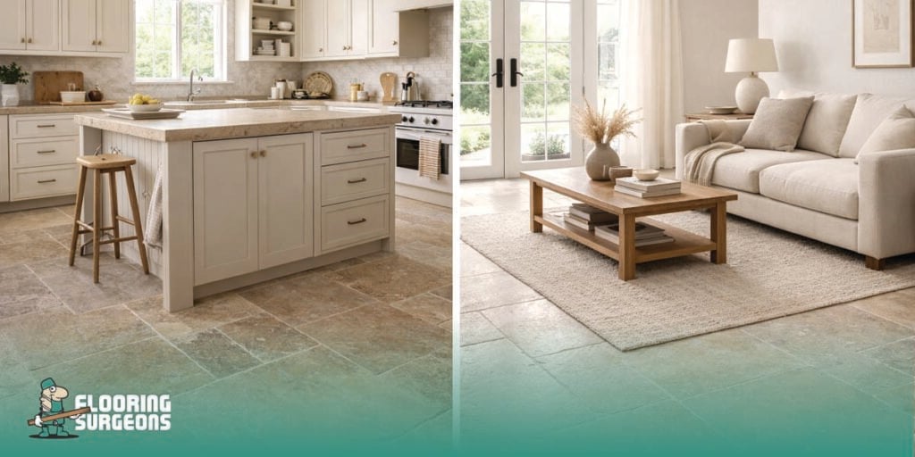 Split-screen comparison of natural stone flooring in a calm living room and a practical family kitchen.