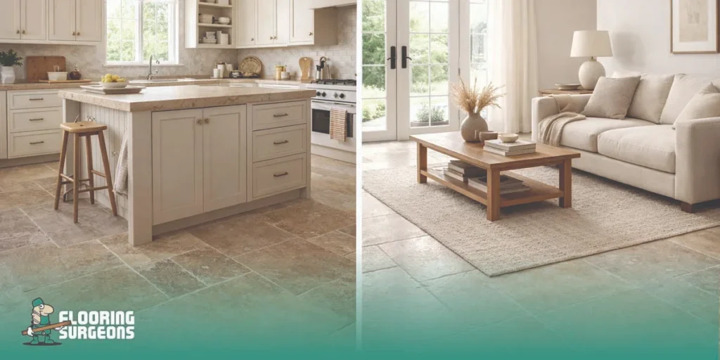 Split-screen comparison of natural stone flooring in a calm living room and a practical family kitchen.