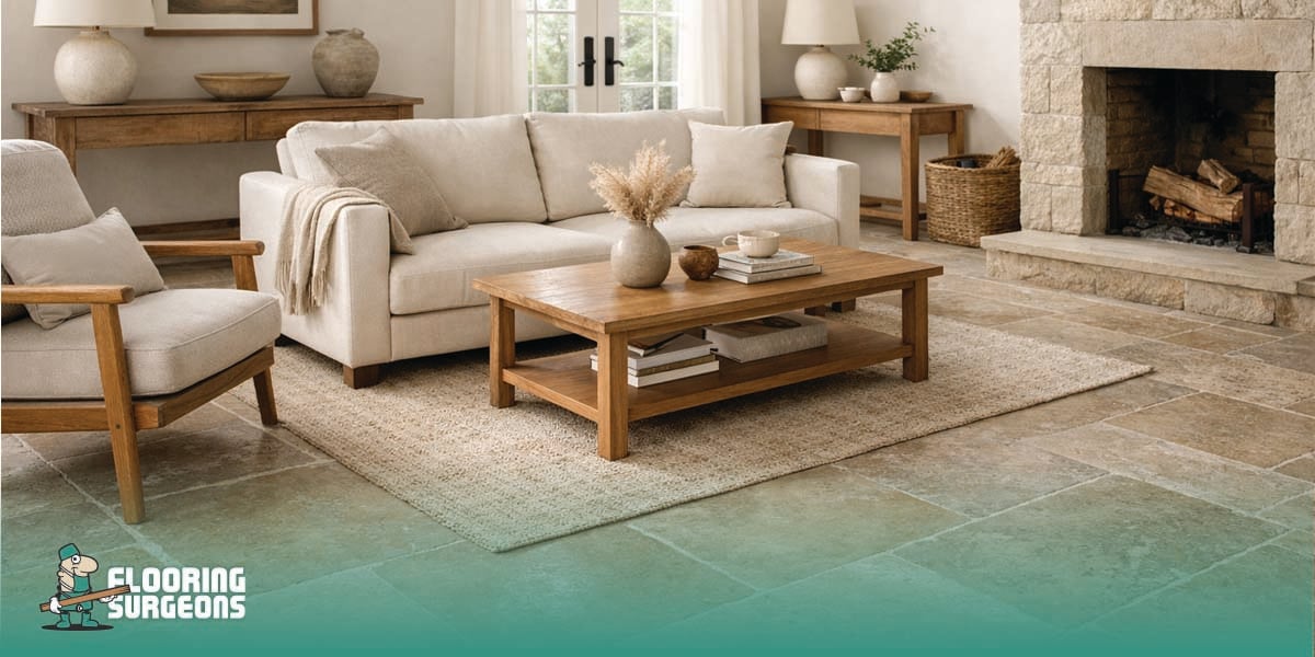 Elegant open-plan living room with natural stone flooring, soft daylight, neutral furnishings, and a calm, modern home design.