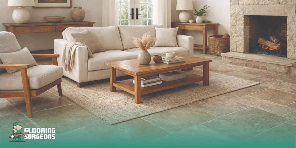 Elegant open-plan living room with natural stone flooring, soft daylight, neutral furnishings, and a calm, modern home design.