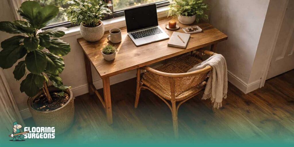 Biophilic home office workspace with natural light, indoor plant and wood flooring