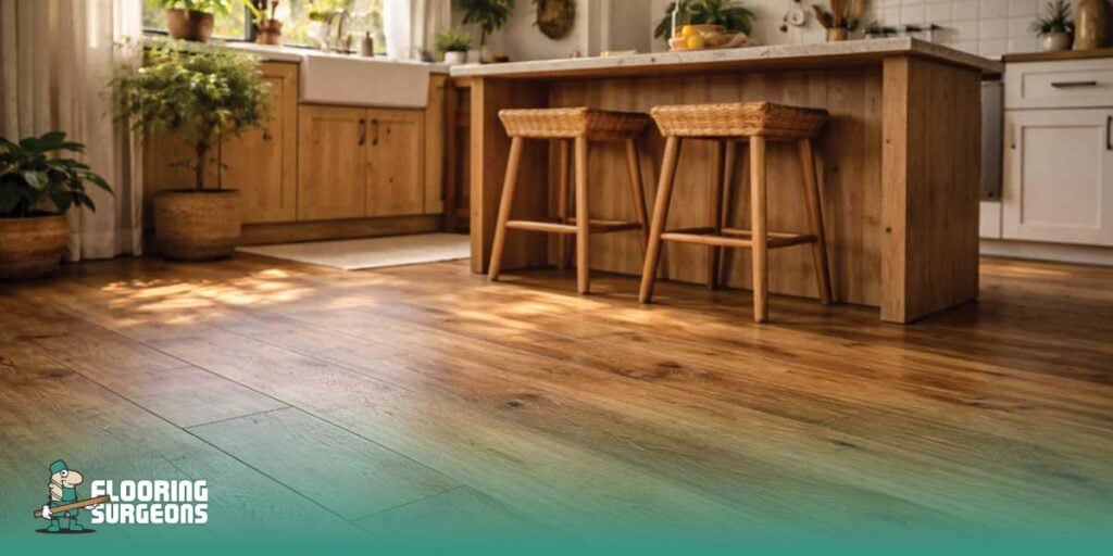 Biophilic style kitchen interior with natural light, indoor plants and wood flooring