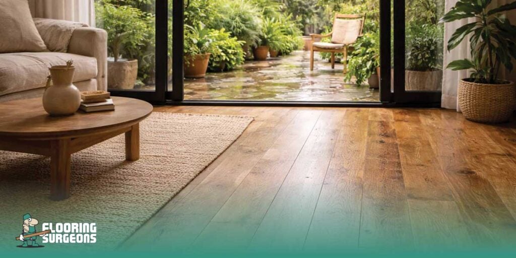 Close-up of natural wood flooring texture in a biophilic interior space