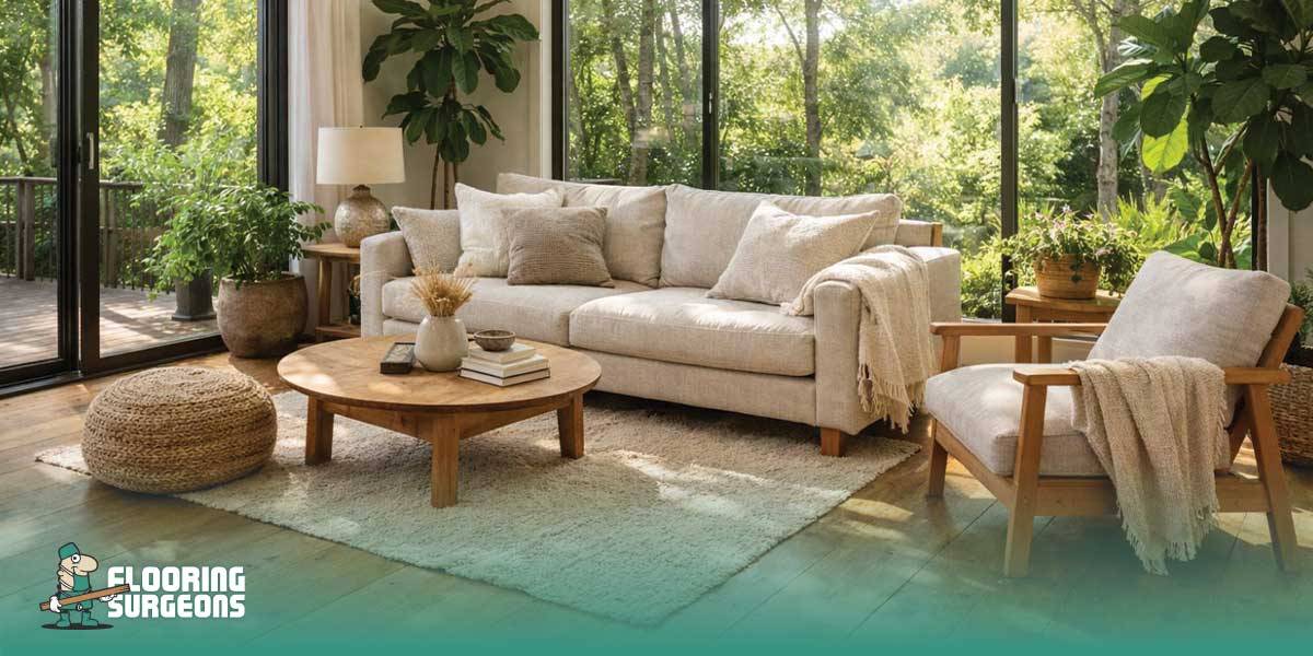 Bright biophilic living room interior with natural light, indoor plants and wood flooring