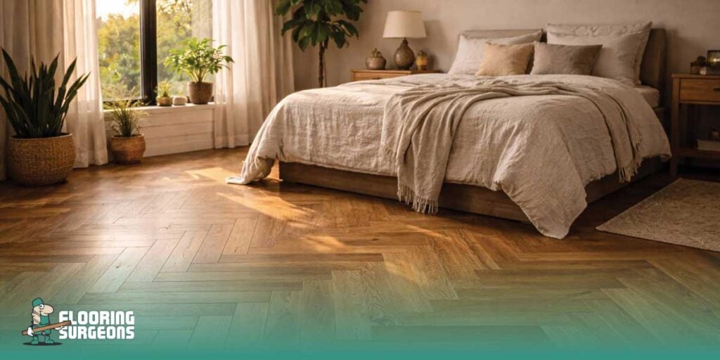 Bedroom interior with herringbone wood flooring and biophilic design elements