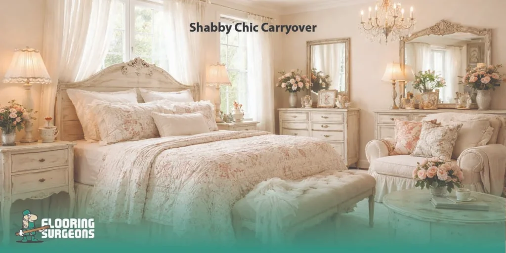 Early 2000s interior with shabby chic influence, distressed furniture, soft florals, and painted vintage-style details