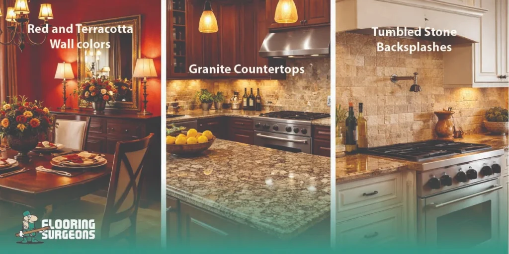 Side-by-side early 2000s interiors showing terracotta wall colours, granite kitchen countertops, and a warm tumbled stone backsplash
