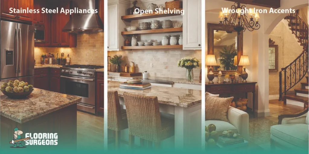 Side-by-side early 2000s interiors showing terracotta wall colours, granite kitchen countertops, and a warm tumbled stone backsplash