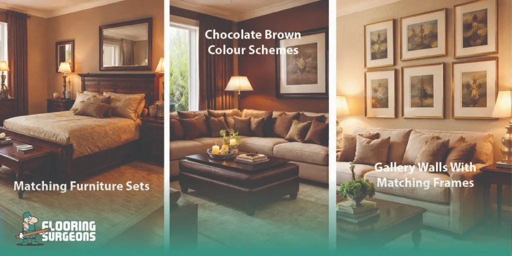 Comparison of matching furniture sets, chocolate brown room styling, and a gallery wall with matching frames in early 2000s homes