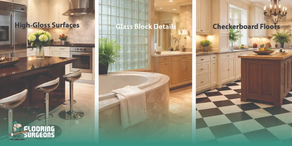 Early 2000s design comparison featuring high-gloss surfaces, glass block details, and bold checkerboard floors
