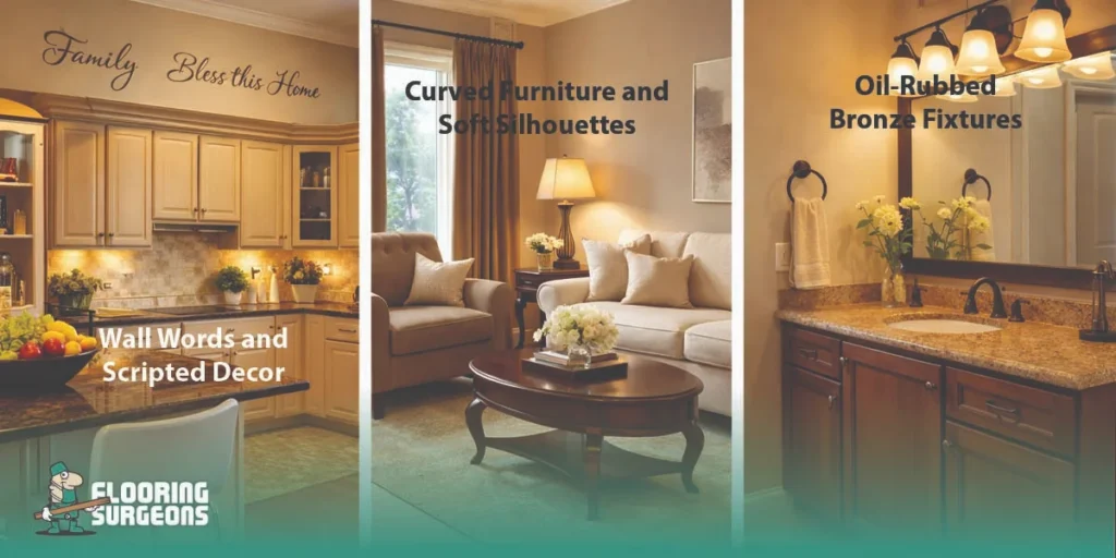 Three early 2000s decor elements side by side: scripted wall decor, curved furniture, and oil-rubbed bronze fixtures