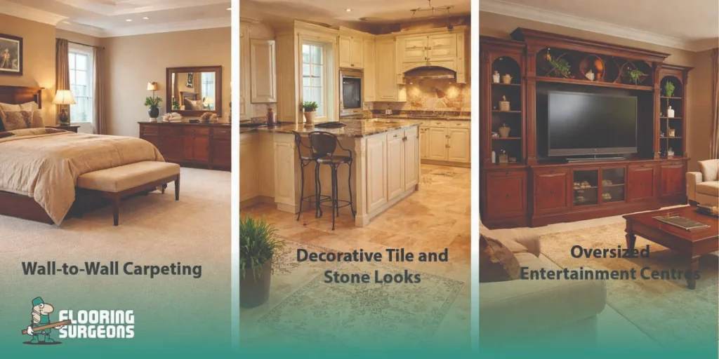 Comparison image of wall-to-wall carpeting, decorative tile and stone surfaces, and an oversized early 2000s entertainment centre