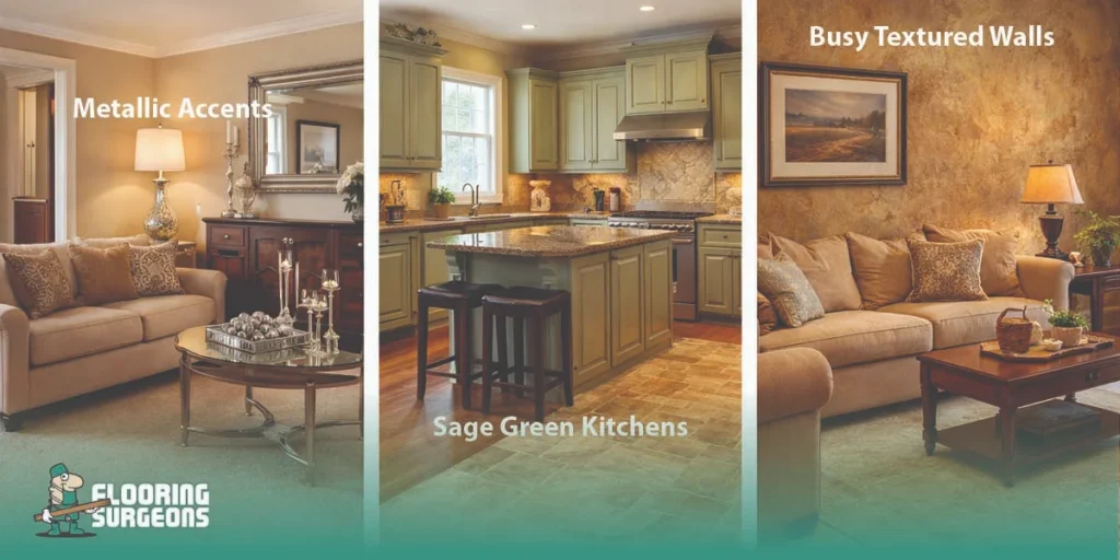 Side-by-side early 2000s interiors featuring metallic accents, a sage green kitchen, and heavily textured walls