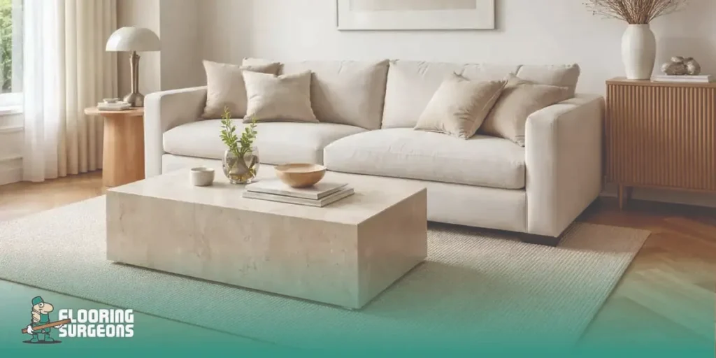 Step-by-step layering of textures in interior design with wood flooring, woven rug, fabric sofa, stone table, and balanced neutral colors