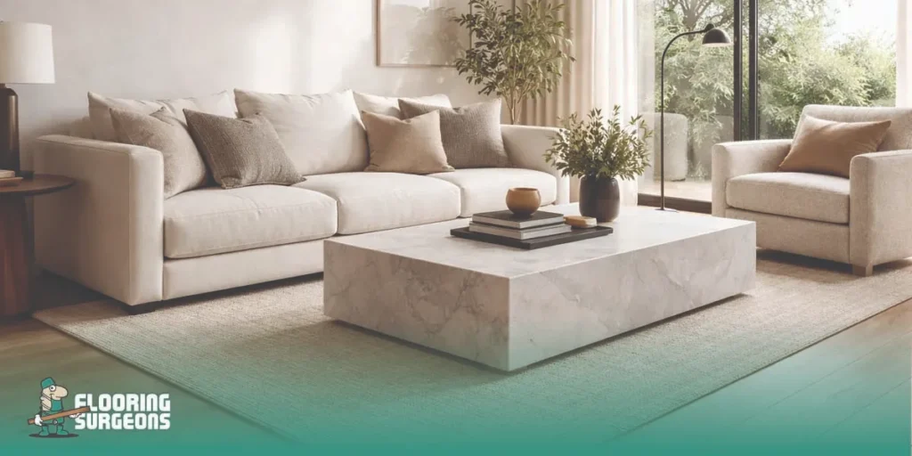 Balanced interior design with natural wood flooring base, fabric sofa, woven rug, and stone table showing the basic principles of layering textures