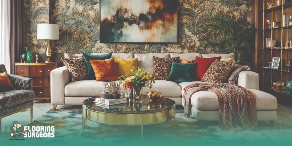 Interior design example showing texture layering mistakes with too many materials, excessive patterns, and unbalanced color combinations in a living room