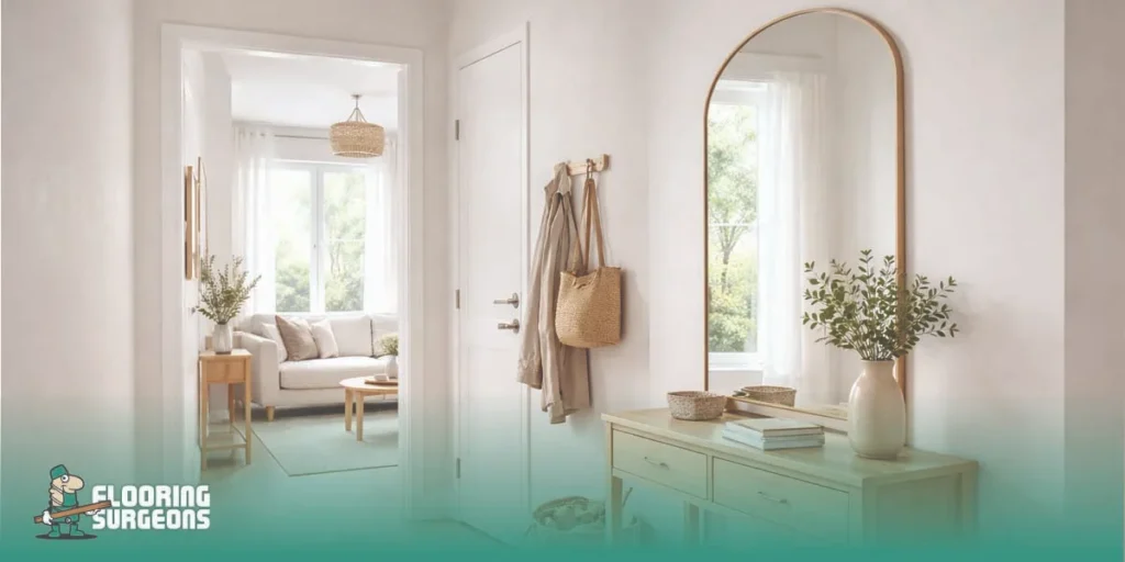 Small elegant living room with a large mirror reflecting natural light to make the space feel brighter and more open