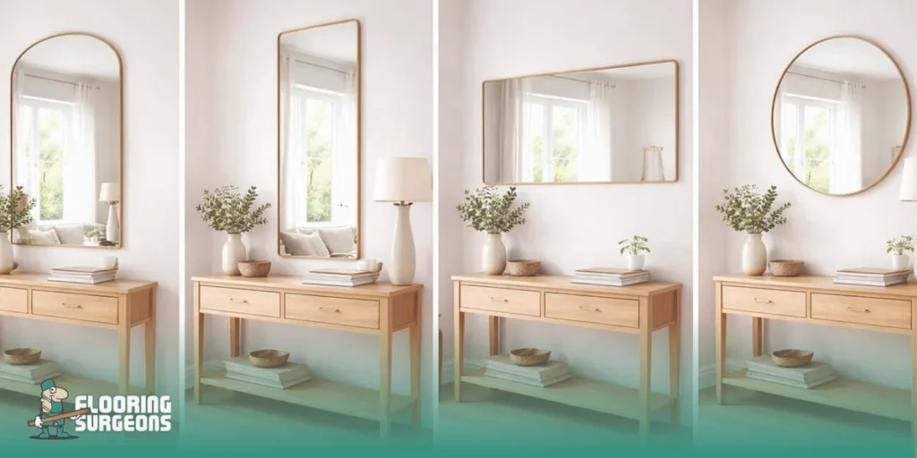 Small stylish interior showing different mirror sizes and shapes for height, width, depth, and softness