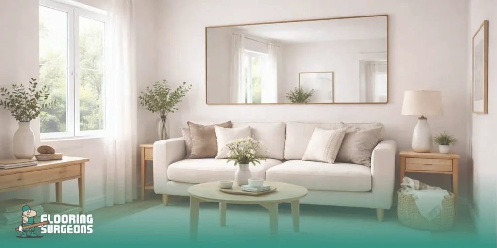 Small living room with a large mirror above a sofa or console creating a brighter and more balanced layout