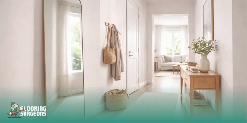 Narrow hallway or entryway with a tall mirror adding light, height, and a stronger sense of depth