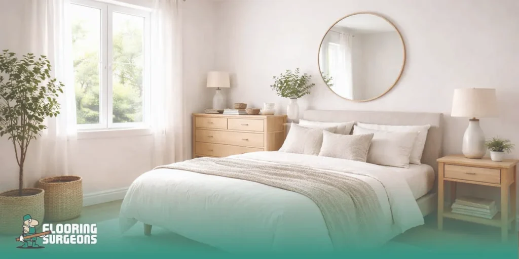 Small calm bedroom with a full-length mirror near a wardrobe creating a lighter and more open feel