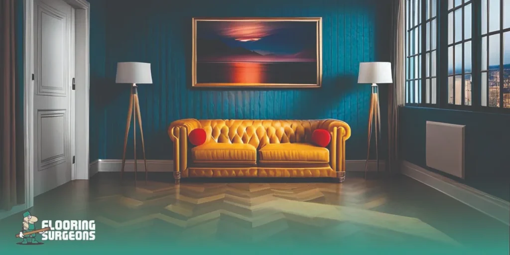 How to Use Bold Furniture Choices to Make a Statement in Your Home Bold yellow sofa on herringbone wood flooring creating a focal point in a modern interior with dark teal walls