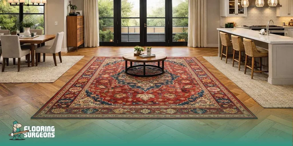 Harmonious blend of bold and neutral rugs