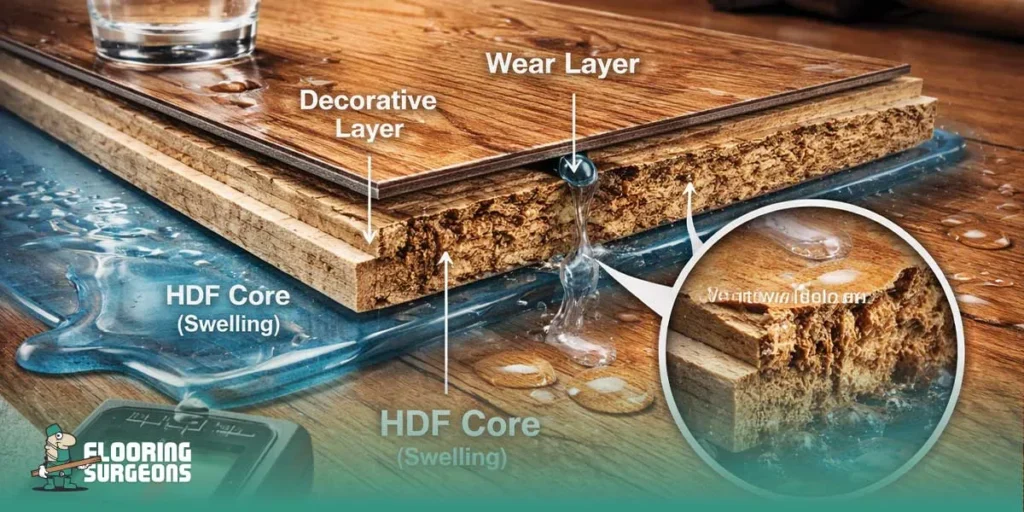 Laminate flooring damage from moisture stress