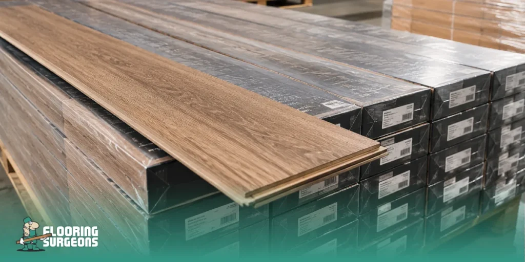 Stacks of popular laminate flooring boxes in a well-lit warehouse, with a wooden plank displayed on top showing its texture and tongue-and-groove edge, ready for immediate shipping.