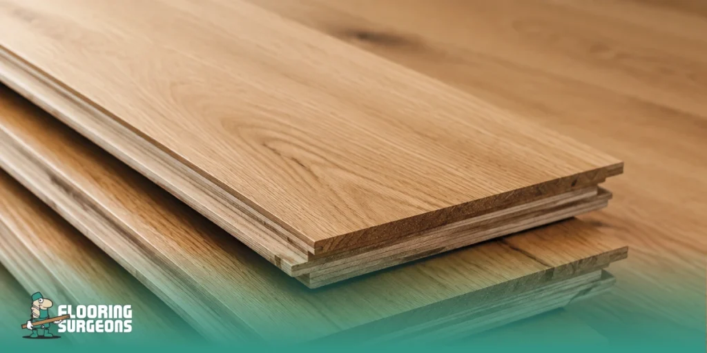 Close-up of high-quality engineered hardwood planks stacked neatly on a matching wooden surface, showing natural grain, layered construction, and tongue-and-groove edges, ideal for flooring projects.