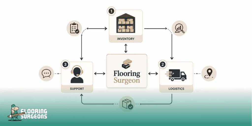 Corporate infographic on a white background showing Flooring Surgeon’s process for reducing delivery delays, with central logo surrounded by icons representing Inventory management, Logistics coordination, and Customer Support, connected in a continuous cycle.
