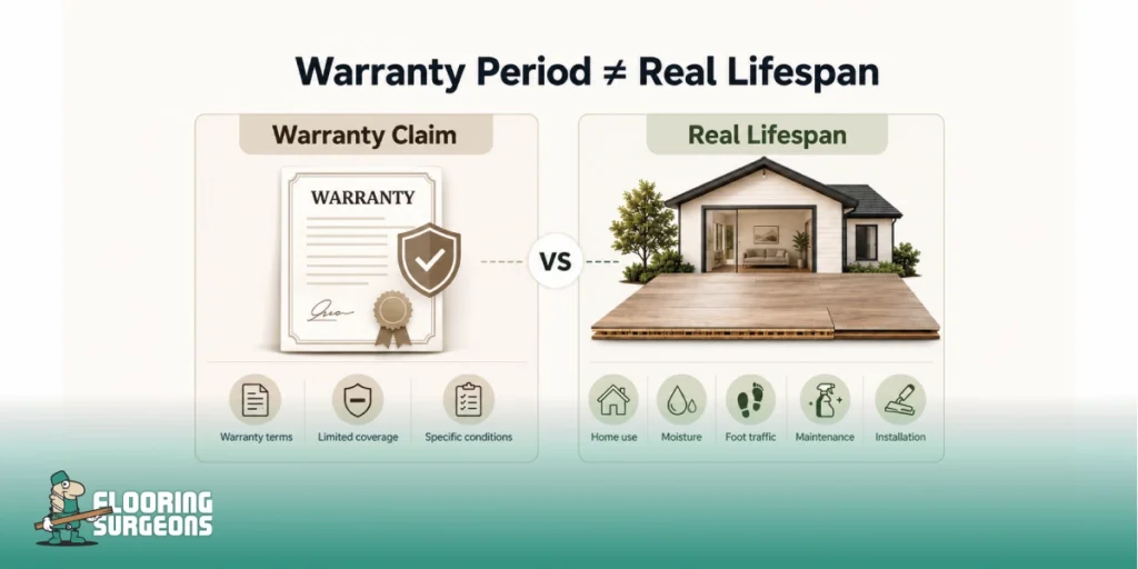 Flooring warranty vs lifespan comparison showing warranty terms and real home conditions