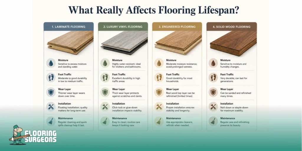Different flooring materials compared by real-world lifespan factors including moisture traffic wear layer and installation