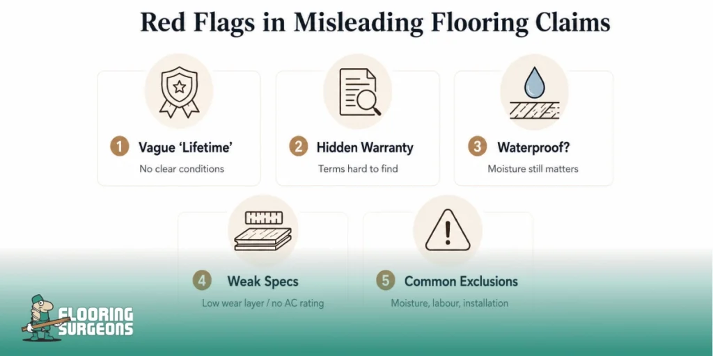 Red flags in misleading flooring claims showing vague lifetime terms, hidden warranty details, waterproof limitations, weak specifications, and common exclusions.