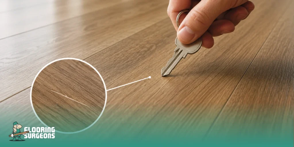 The Science Behind Wear Layers in Modern Flooring Close-up of a laminate floor being tested for scratch resistance, showing wear layer durability in a modern indoor setting