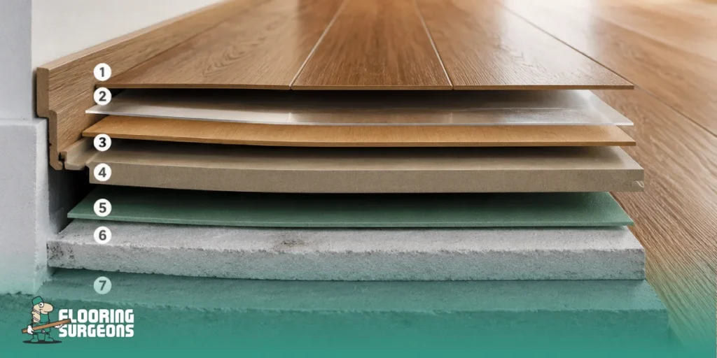 The Science Behind Wear Layers in Modern Flooring “High-traffic kitchen and hallway interior showcasing durable laminate flooring with visible wear layer textures, highlighting scratch resistance and long-lasting performance”