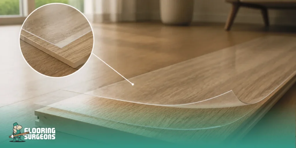The Science Behind Wear Layers in Modern Flooring Close-up of a wooden floorboard cutaway revealing multiple layers, including a transparent wear layer, showing the structure and texture of modern laminate flooring in a living room setting