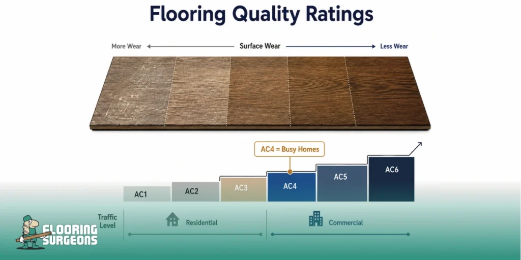 How abrasion testing affects flooring quality ratings, showing surface wear levels and AC1 to AC6 durability ratings for residential and commercial flooring.