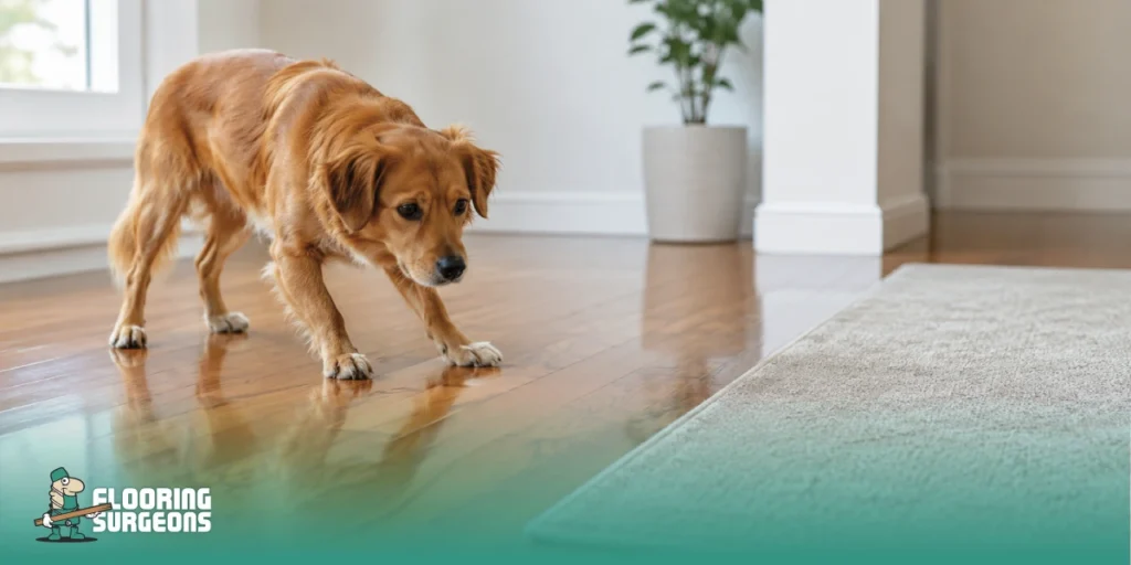 Dog hesitating on a slippery hardwood floor next to a non-slip rug, illustrating how flooring surfaces can affect pet anxiety, confidence, and mobility inside the home.