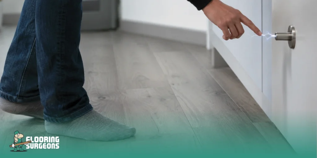 How Flooring Materials Influence Static Discharge Person experiencing static discharge while standing on indoor flooring and touching a metal door handle