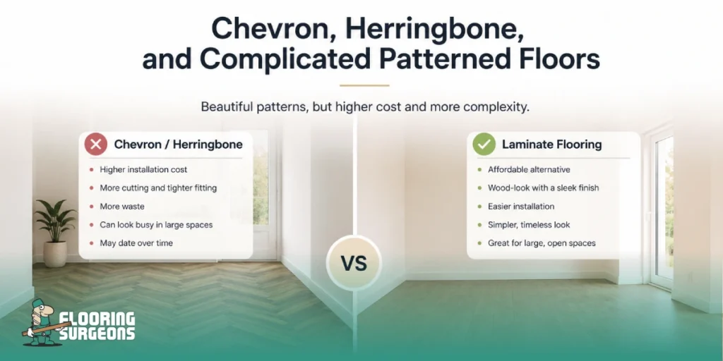 Comparison of chevron and herringbone patterned flooring versus simple laminate flooring in a modern interior.