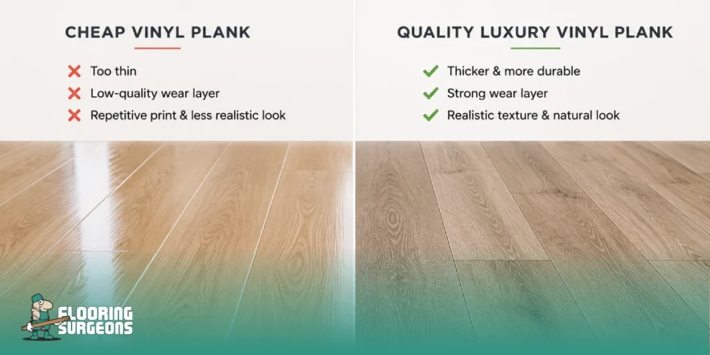 Side-by-side comparison of cheap vinyl plank flooring and high-quality luxury vinyl plank, showing differences in texture, finish, durability, and realistic wood appearance.