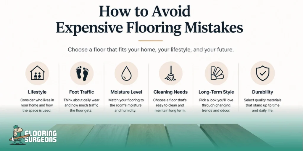 Infographic checklist for avoiding expensive flooring mistakes, highlighting lifestyle, foot traffic, moisture level, cleaning needs, long-term style, and durability when choosing flooring for a home.
