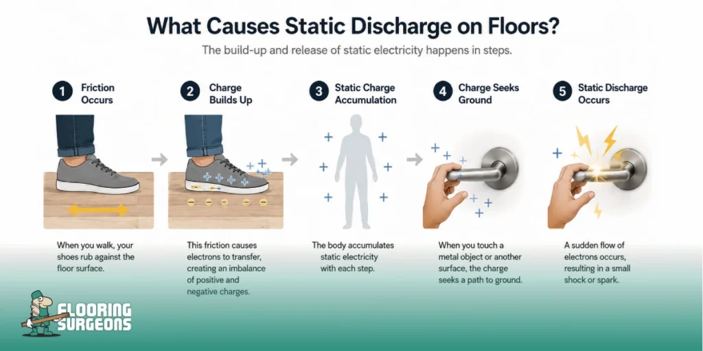 How Flooring Materials Influence Static Discharge Infographic explaining what causes static discharge on floors, from friction while walking to charge buildup and discharge on contact